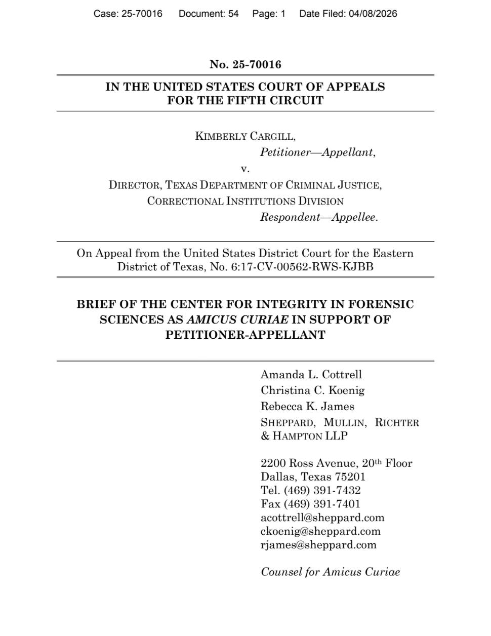 The first page of the amicus brief in Kimberly Cargill's case.