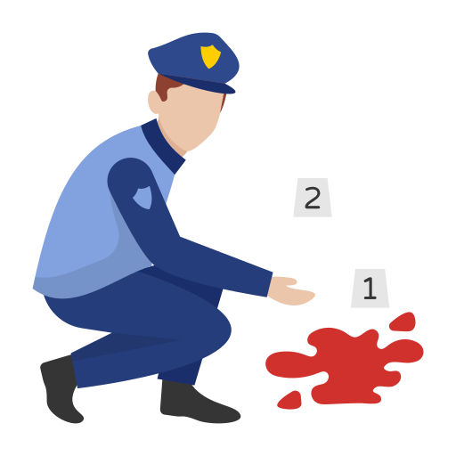 Police officer kneeling beside a bloodstain on the ground, holding two numbered evidence markers.