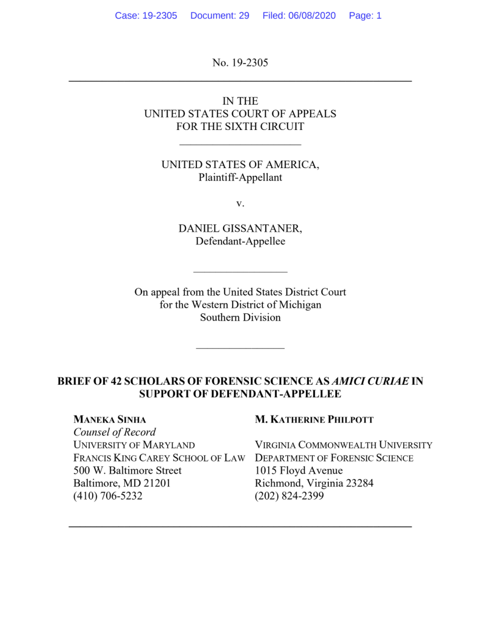 The first page of the amicus brief in Daniel Gissantaner's case.