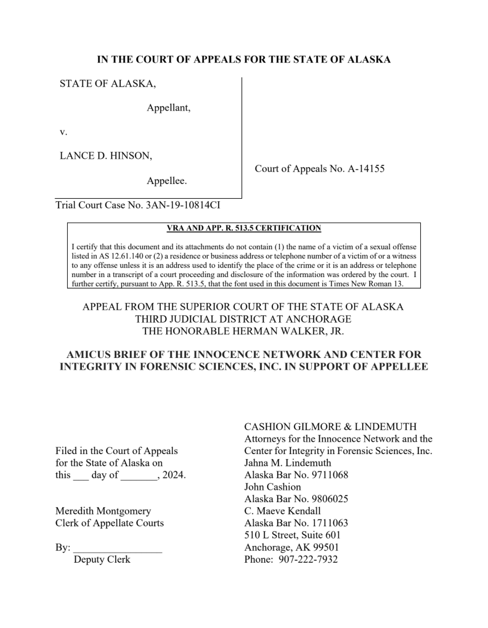 The first page of the amicus brief in Lance Hinson's case.