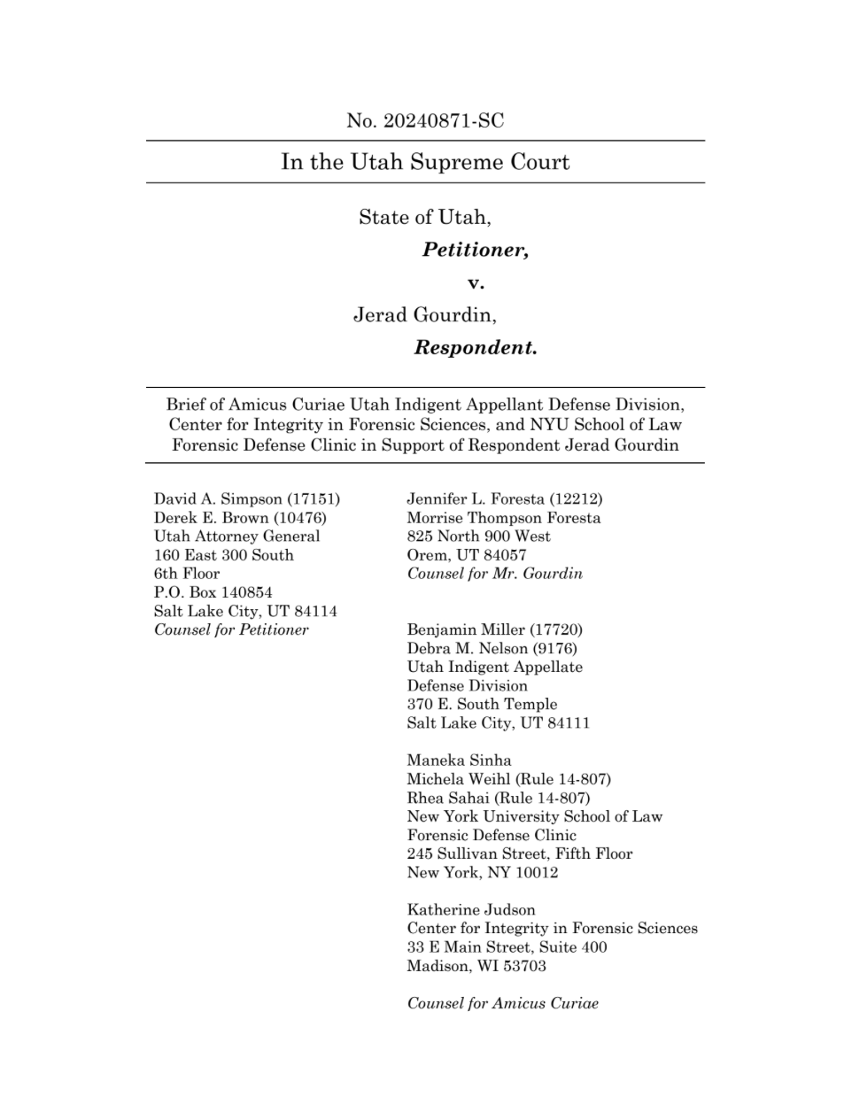 The first page of the amicus brief brief in Jerad Gourdin's case.