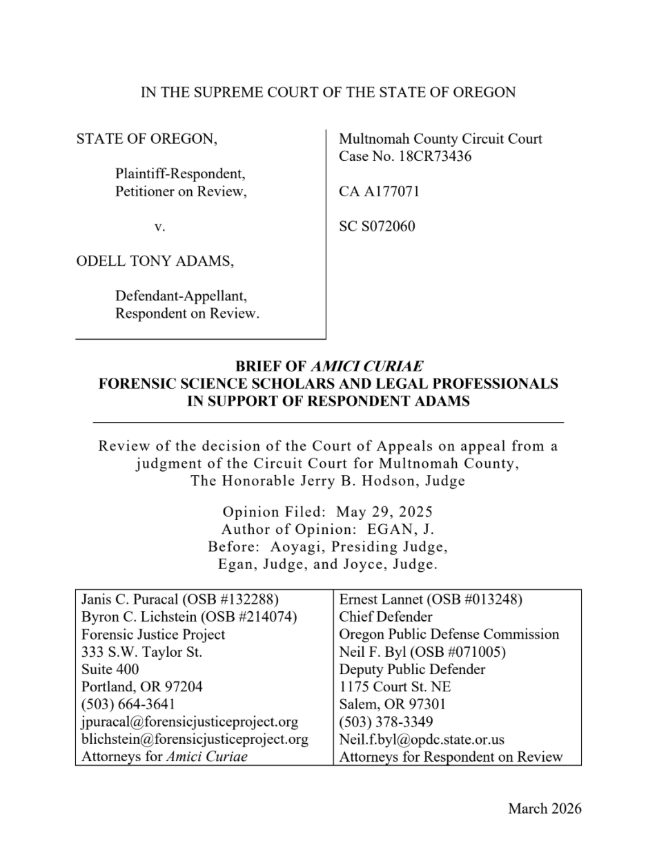 The first page of the 2026 amicus brief in Odell Adams' case.