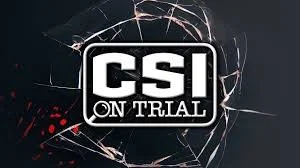 Broken glass with a black background and the text 'CSI ON TRIAL' in bold white letters inside a rectangular border