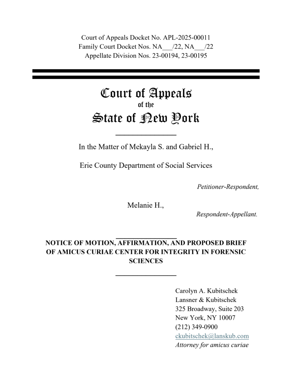 The first page of the amicus brief in Melanie H's case.
