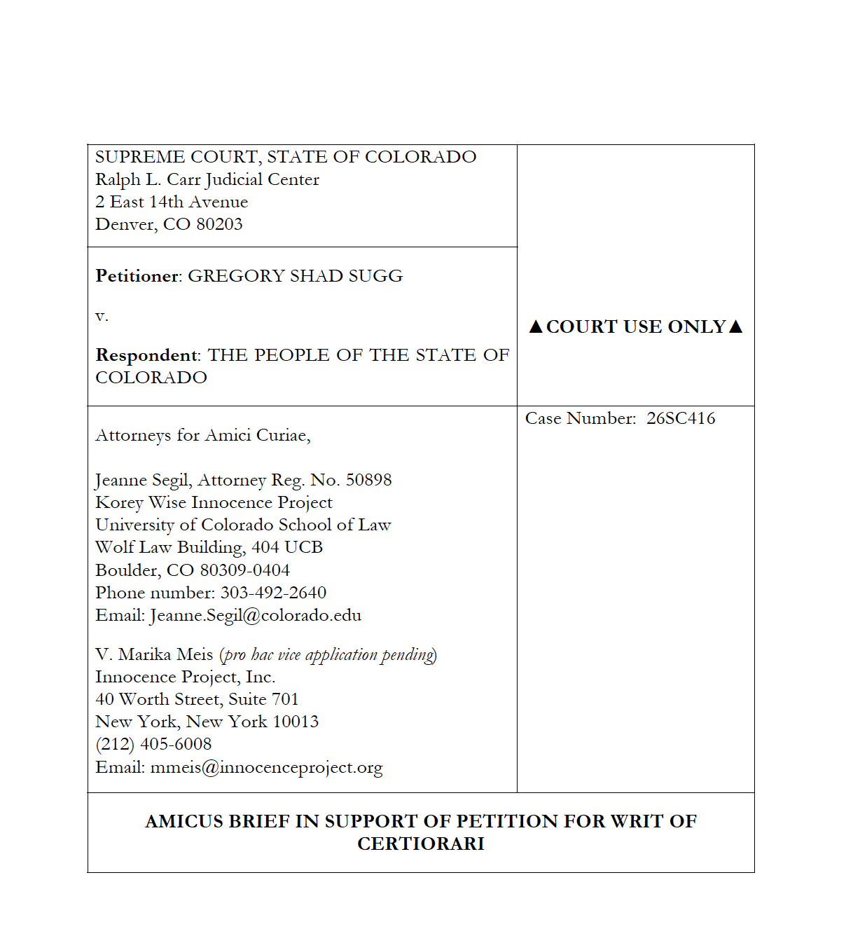The first page of the Amicus brief in Gregory Sugg's case.