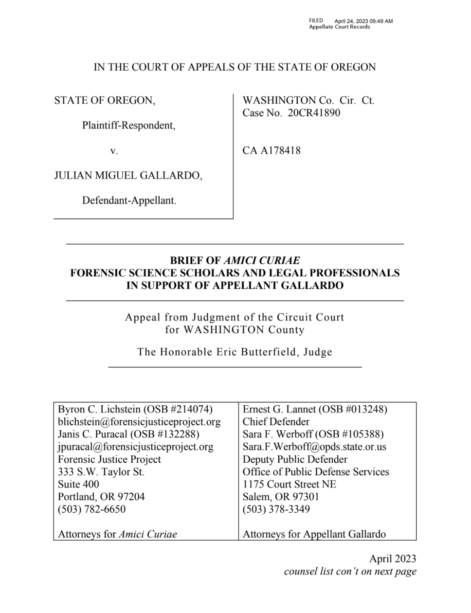 The first page of the amicus brief in Julian Gallardo's case.