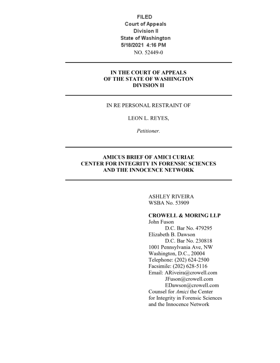 The first page of the amicus brief in Leon Reyes' case.