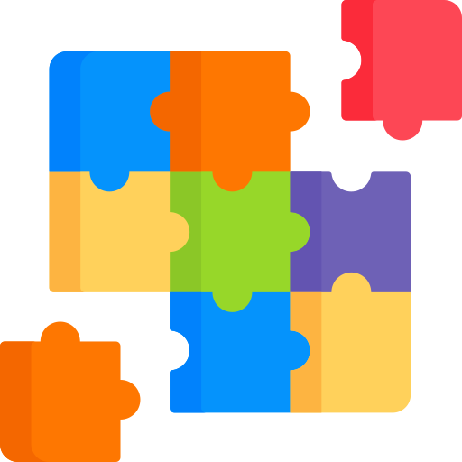 Colorful puzzle pieces fitting together to form a square.
