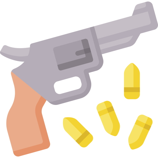A cartoon illustration of a handgun firing bullets.