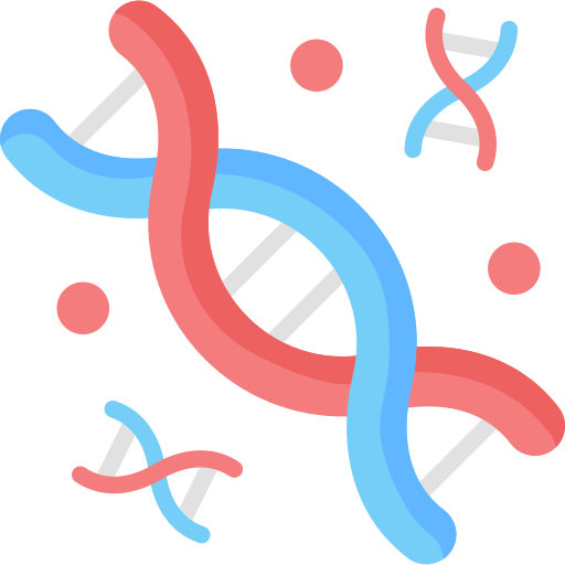 Illustration of DNA double helix strands and genetic symbols in pink and blue.