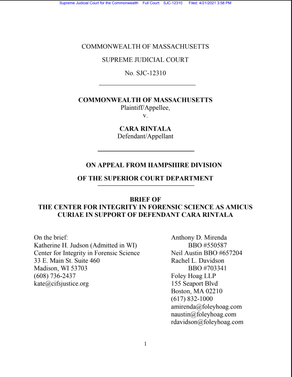 The first page of the amicus brief in Cara Rintala's case.