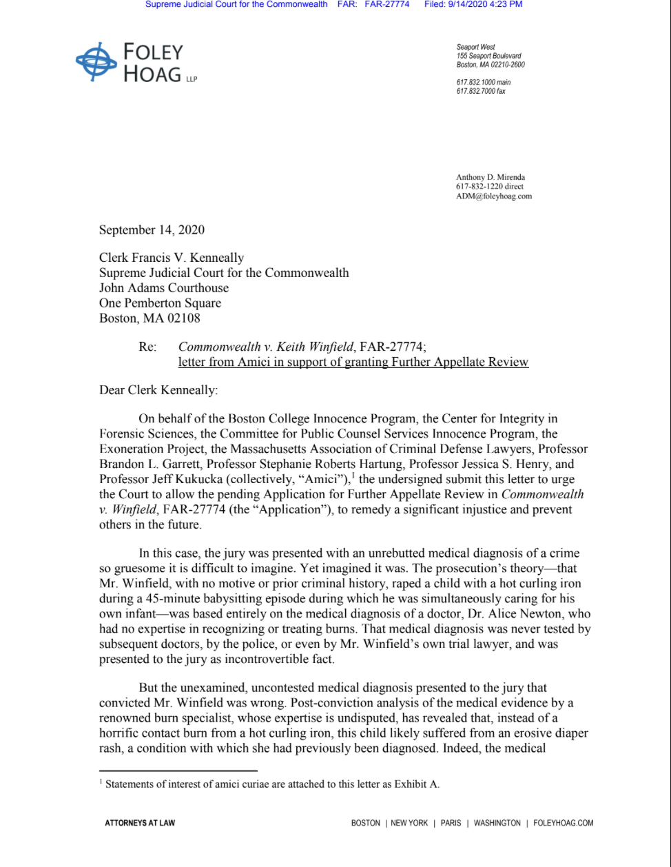The first page of the amicus letter in Keith Winfield's case.