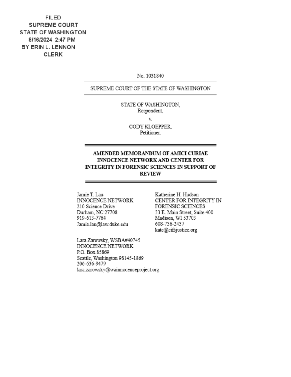 The first page of the amicus brief in Cody Kloepper's case.