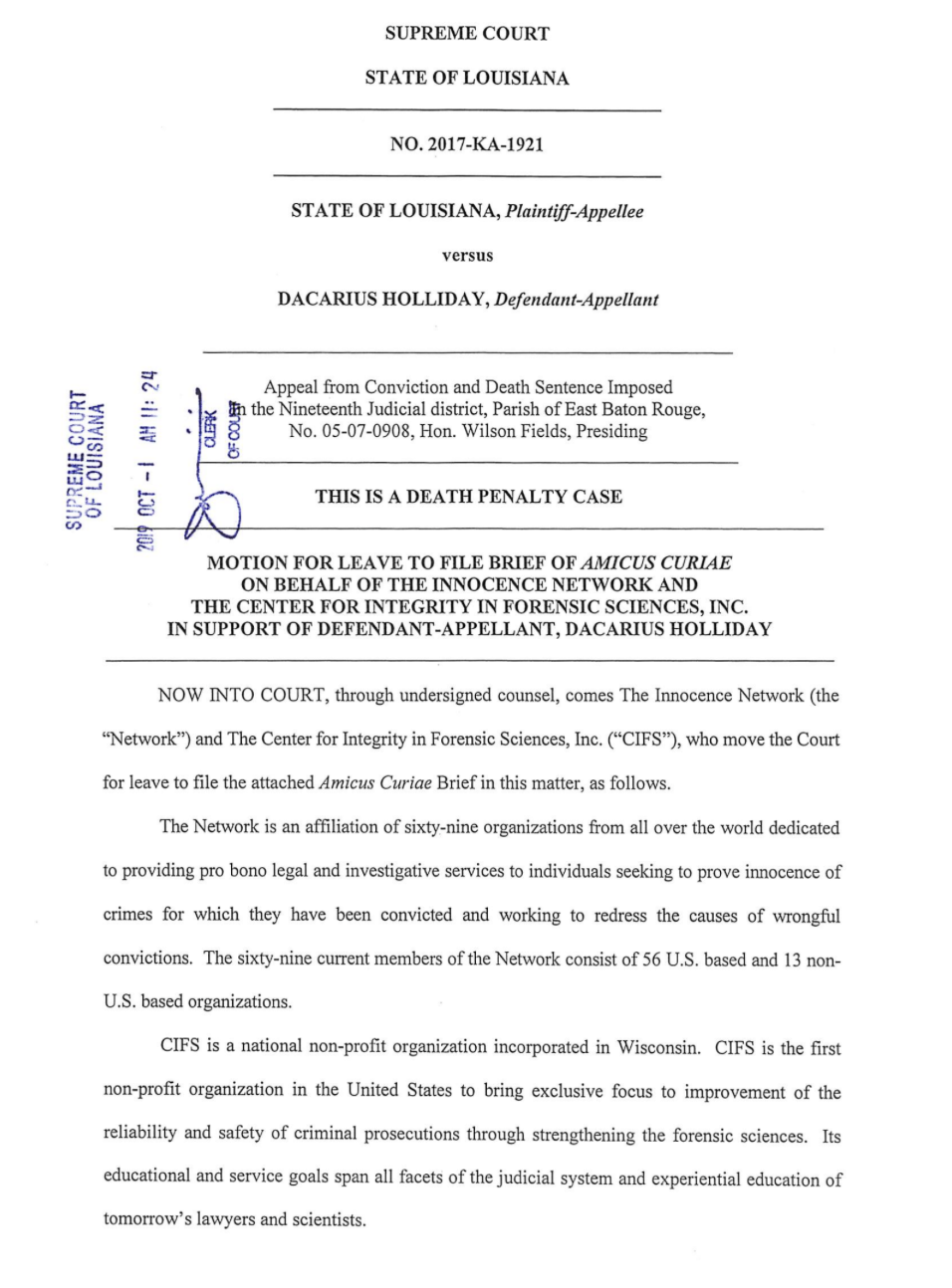 The first page of the amicus brief in Dacarious Holliday's case.