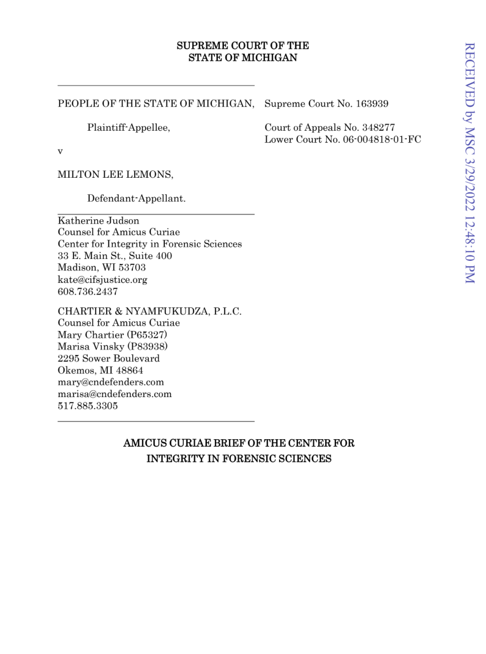 The first page of the amicus brief for Chazlee Lemons.