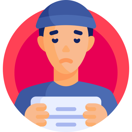 A sad person wearing a blue cap and shirt looking at a phone or tablet.