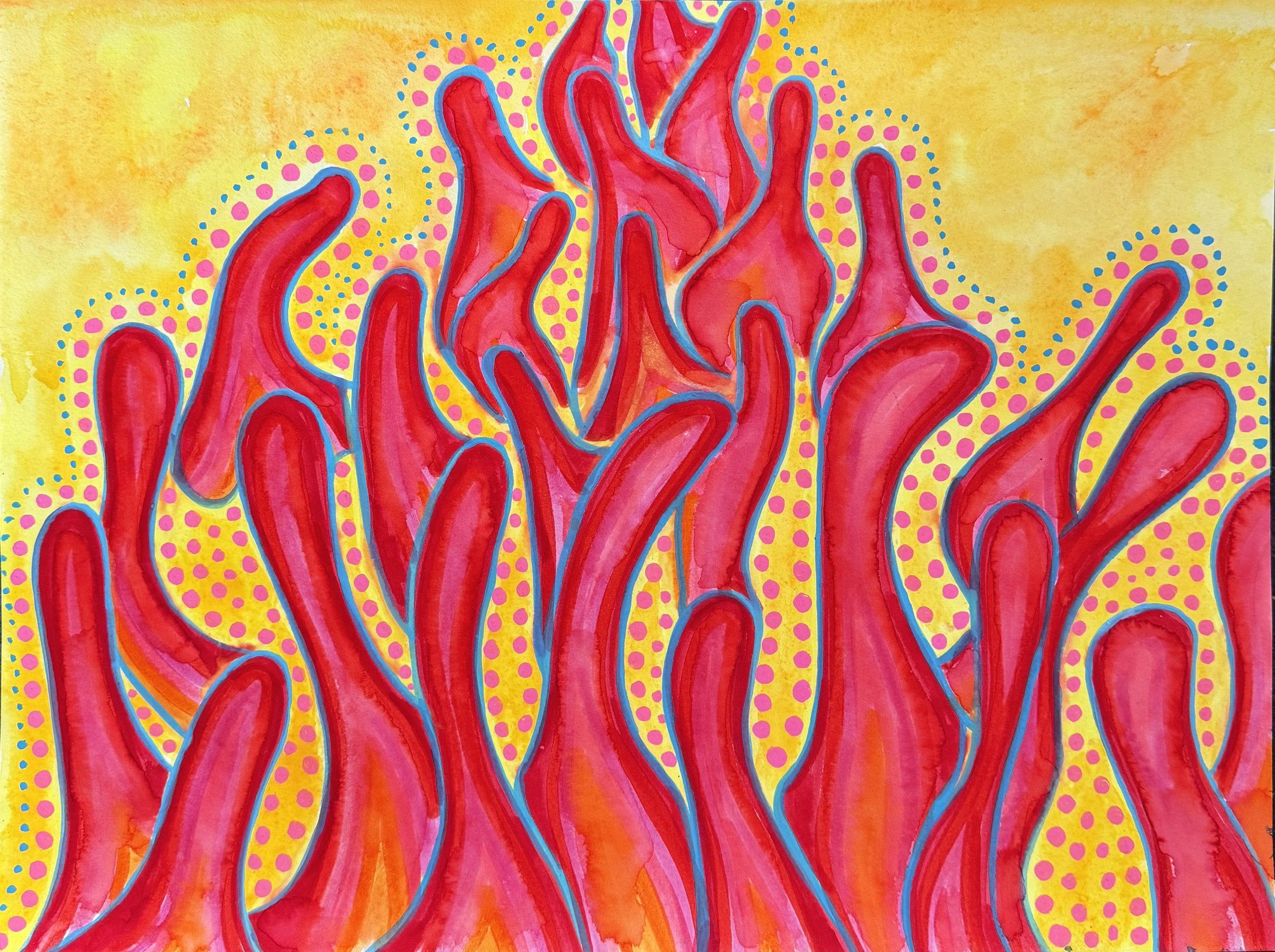 flaming vajra - available - 16” x 12” - watercolor, pen and ink on Arches hot-pressed paper - metal frame with double mat