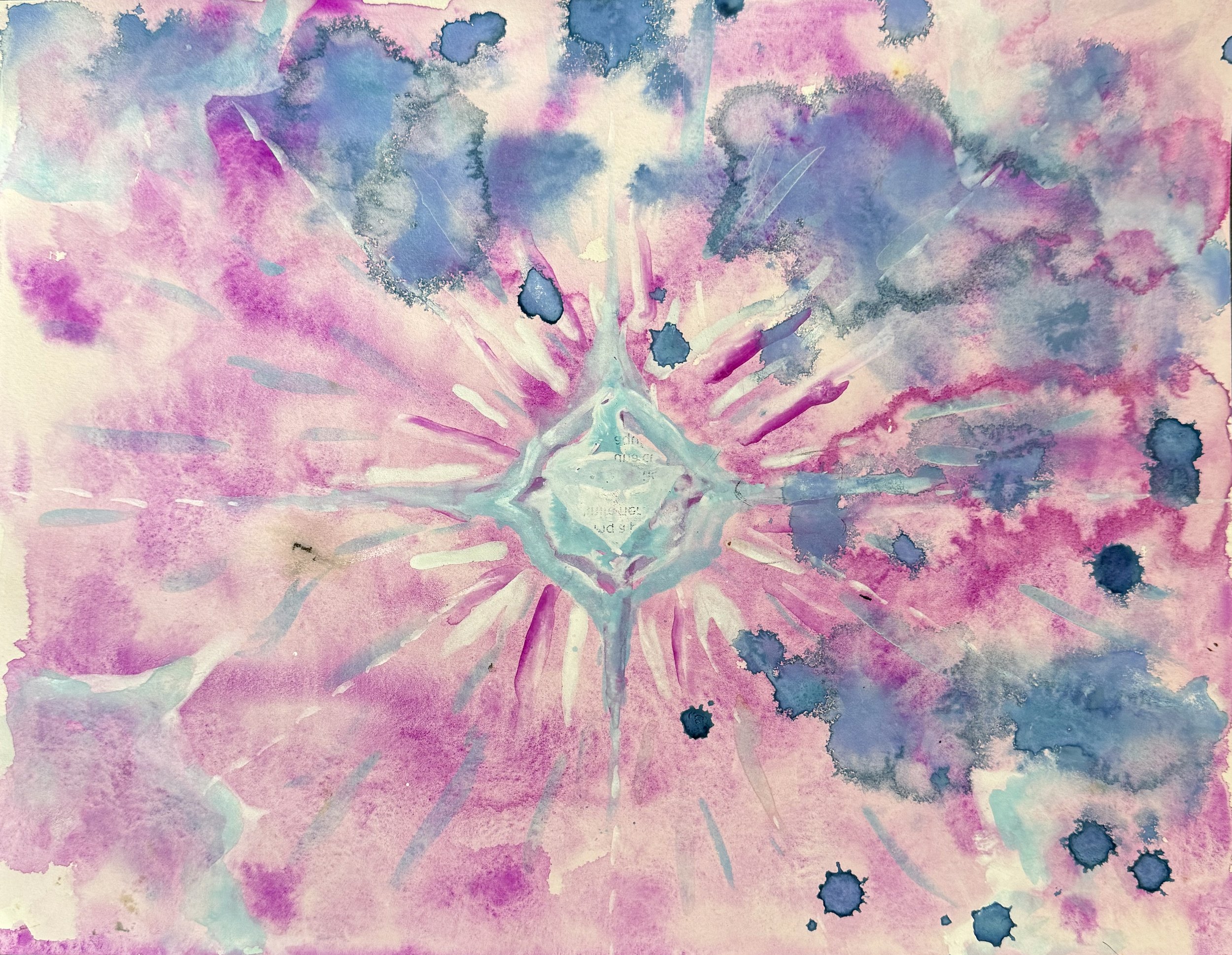 wish-fulfilling jewel - available - 16” x 12” - watercolor, newspaper transfer on Arches hot-pressed paper - metal frame with double mat