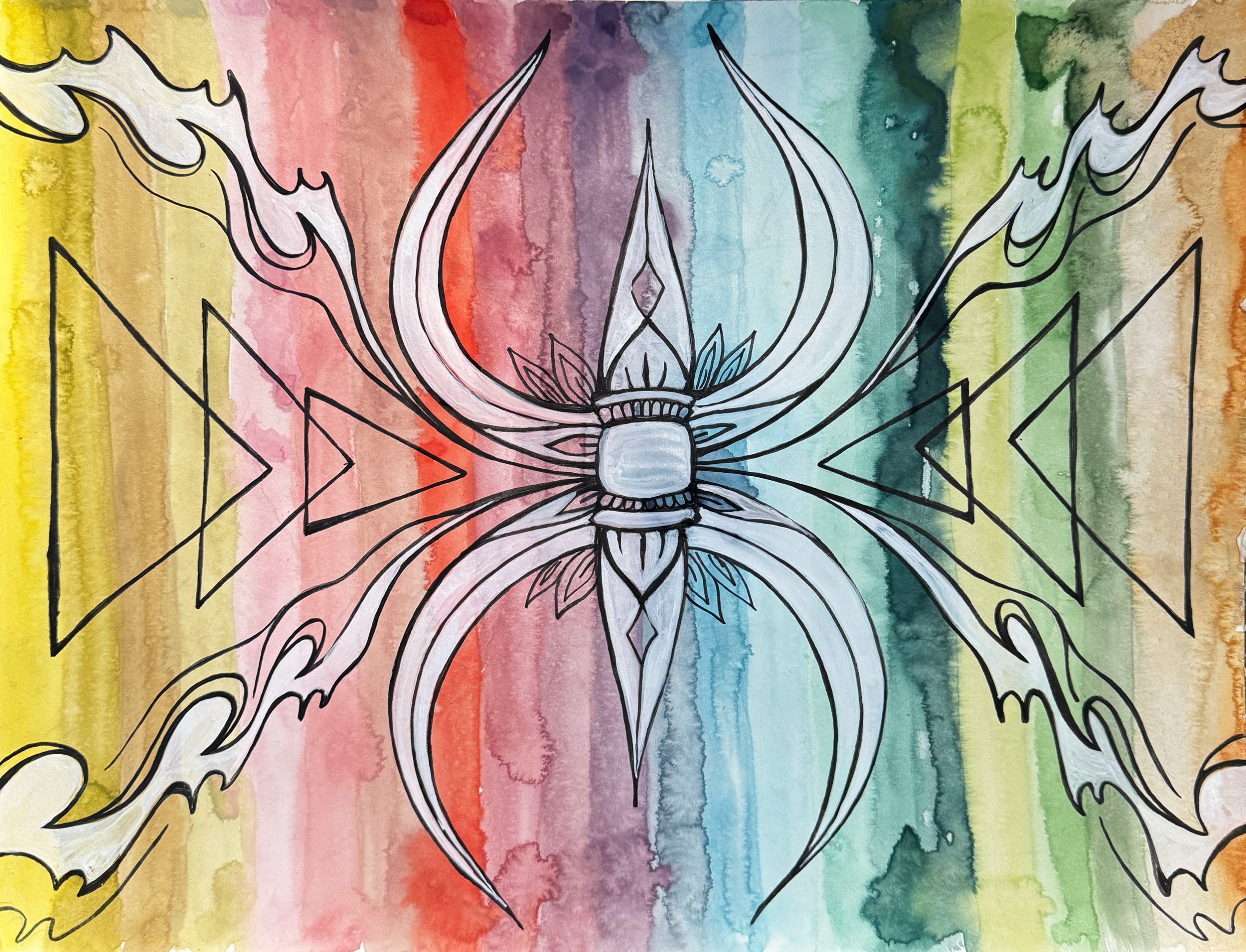 flaming vajra - available - 16” x 12” - watercolor, pen and ink on Arches hot-pressed paper - metal frame with double mat