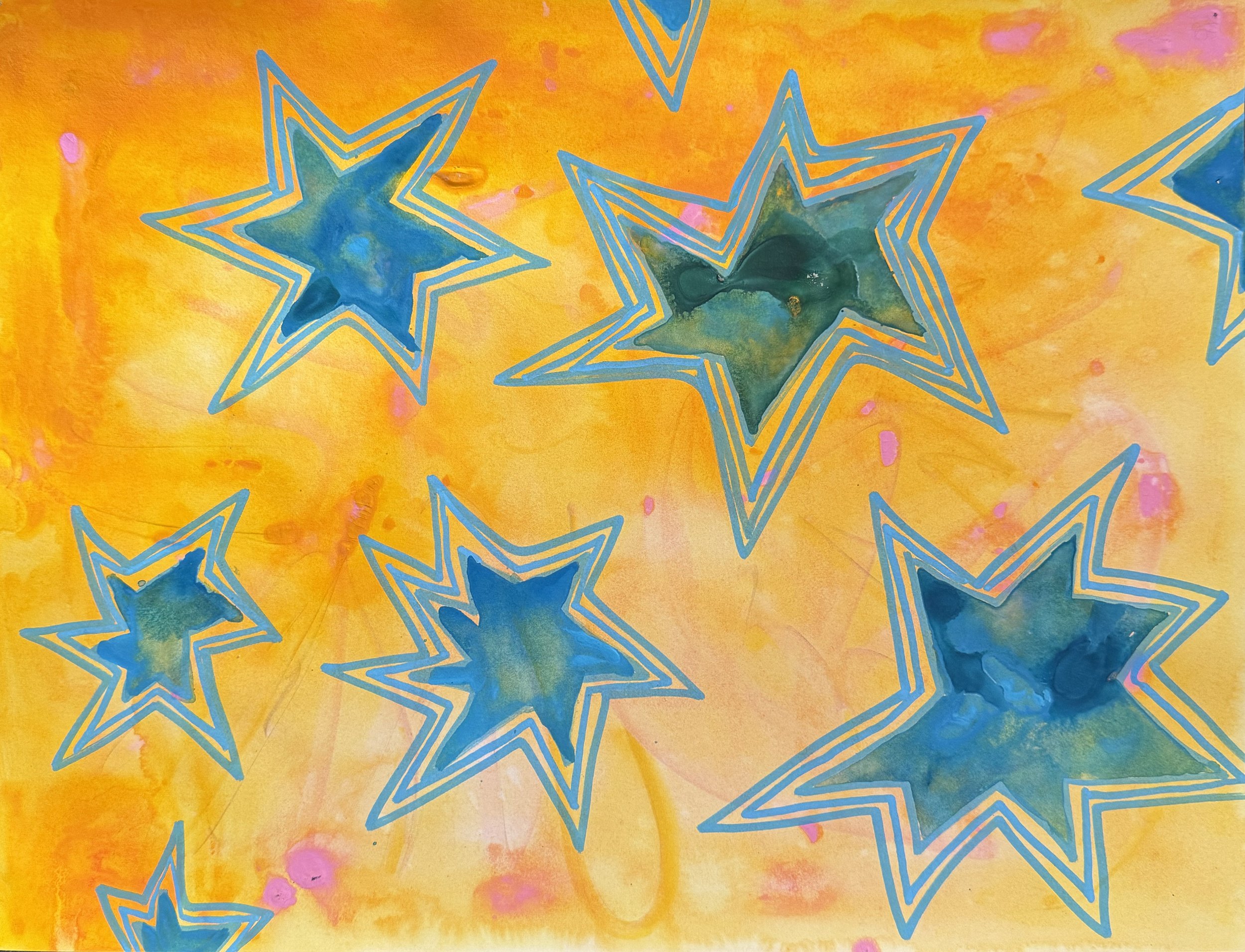 stars again - available - 116” x 12” - watercolor and acrylic paint marker on Arches hot-pressed paper - metal frame with double mat