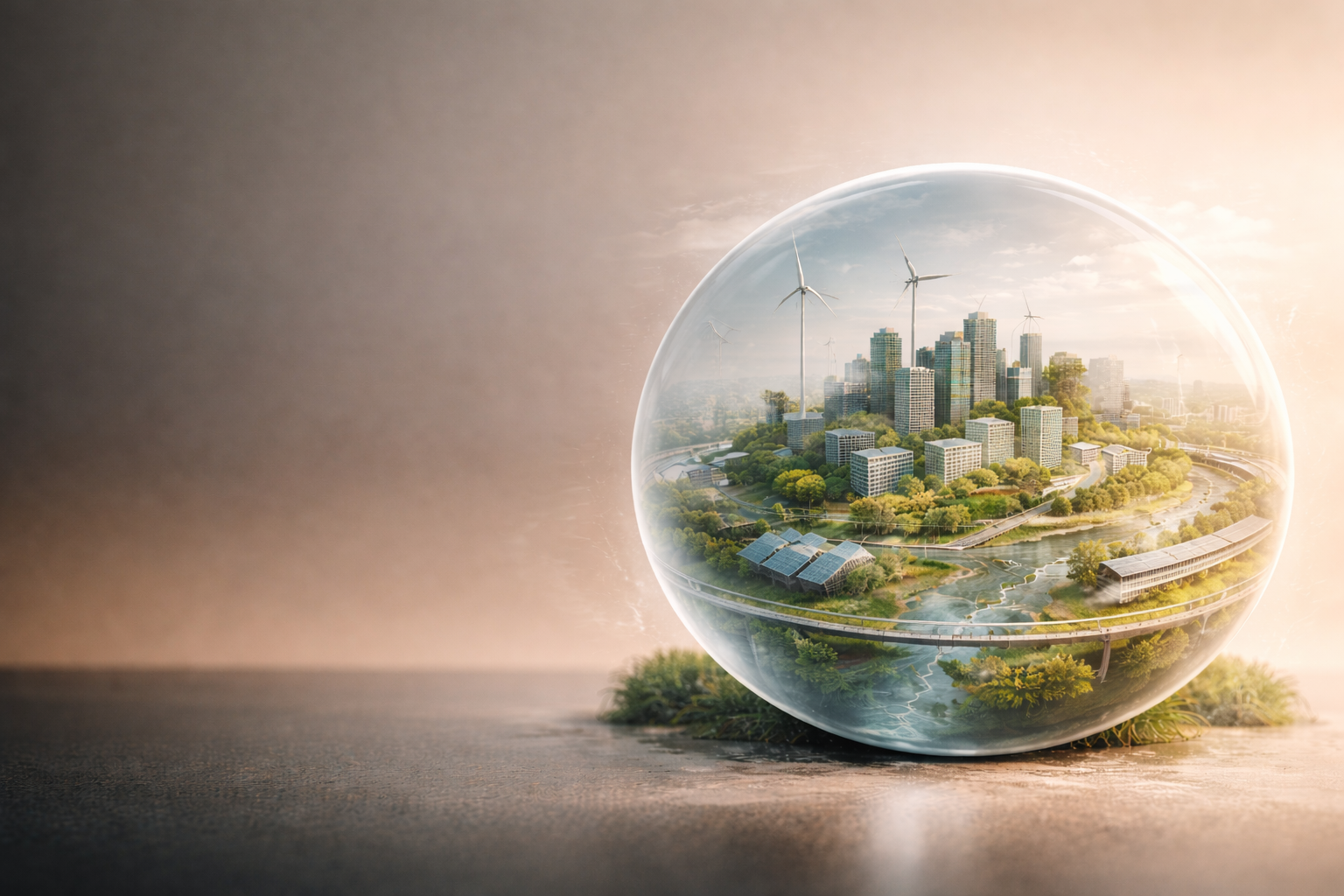 Sustainable city in glass sphere representing Living Ecosystem Design
