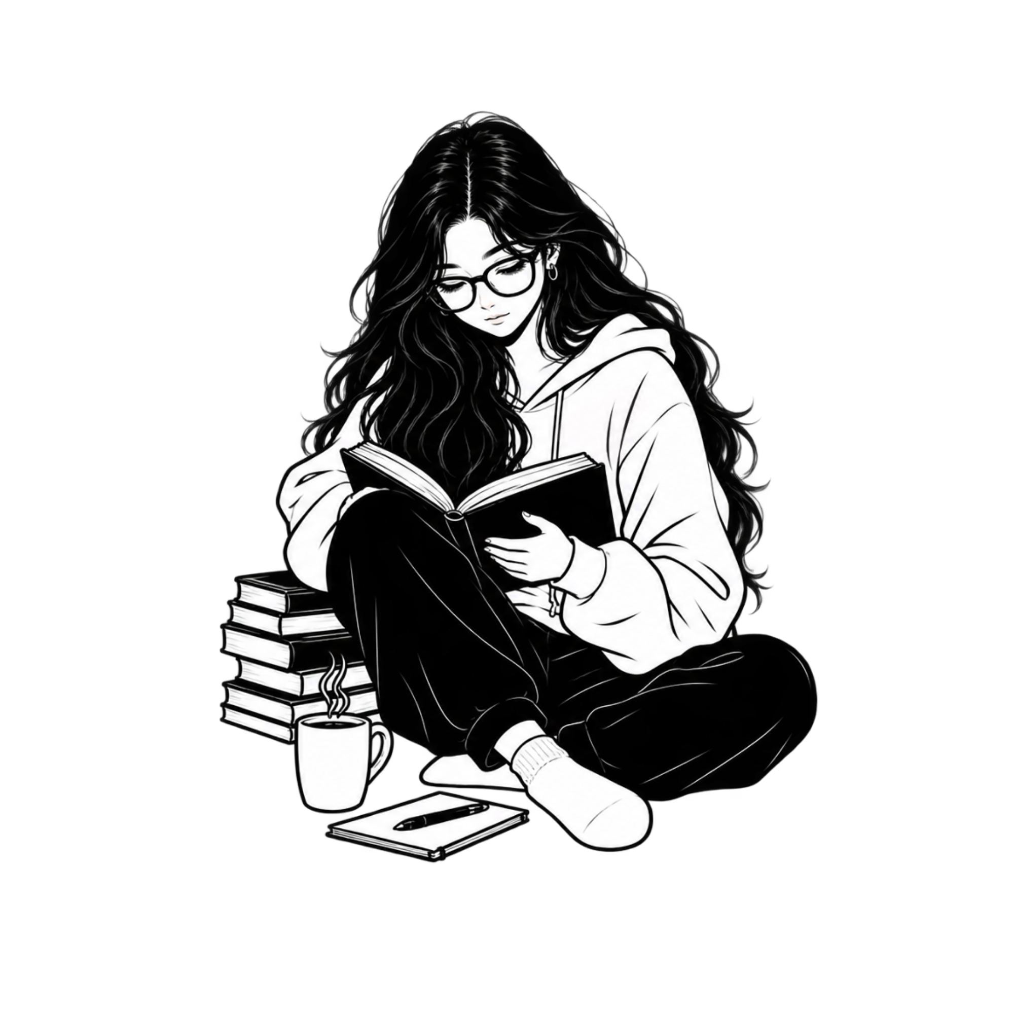 A black and white illustration of a young woman with long wavy hair and round glasses, sitting with a book in her hands. The scene includes a stack of books, a coffee mug, a notebook, and a pen, suggesting a cozy reading or studying environment.