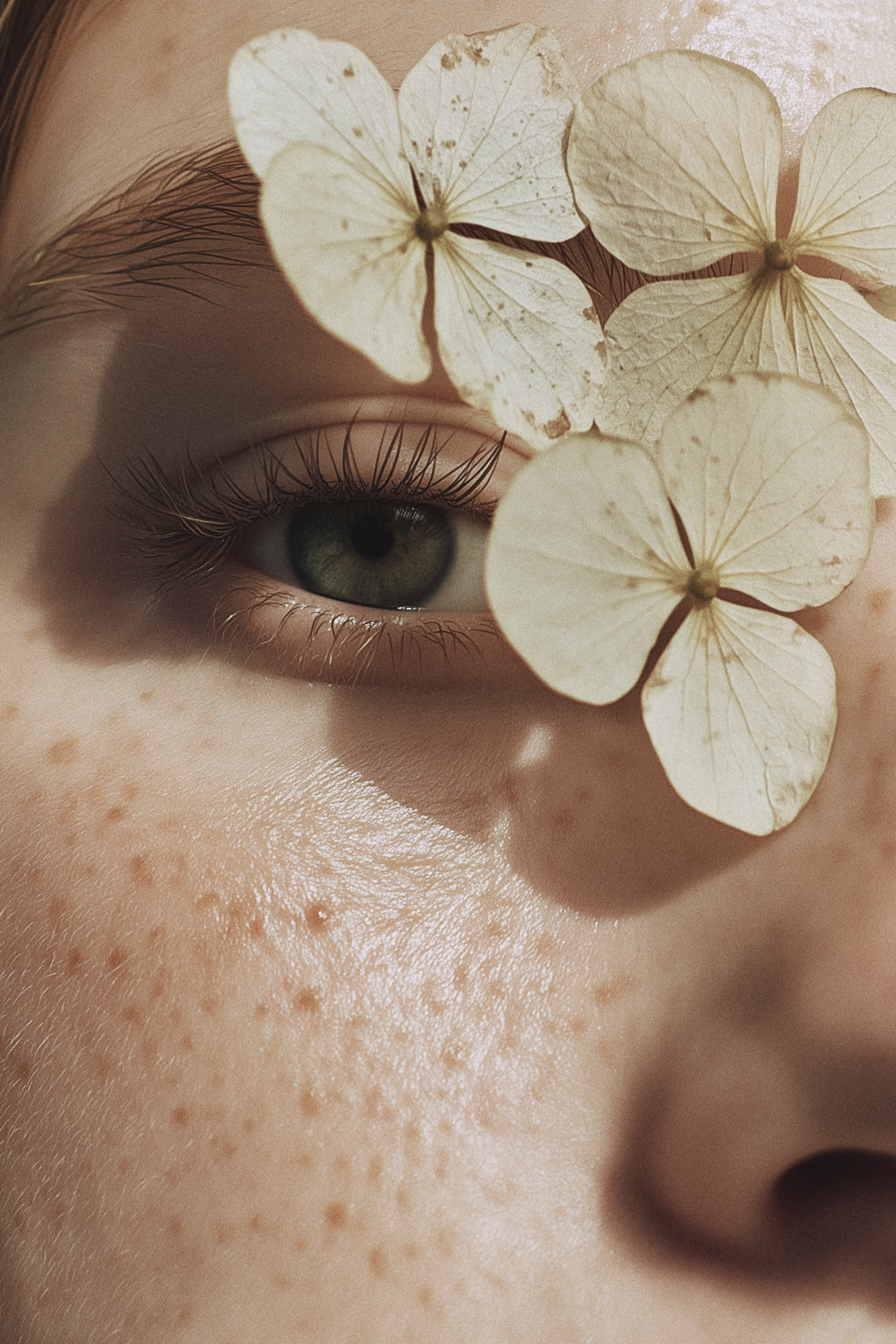 Close-up of a person's face with green eye, freckles, and dry skin, with dried white hydrangea flowers partially covering the eye.