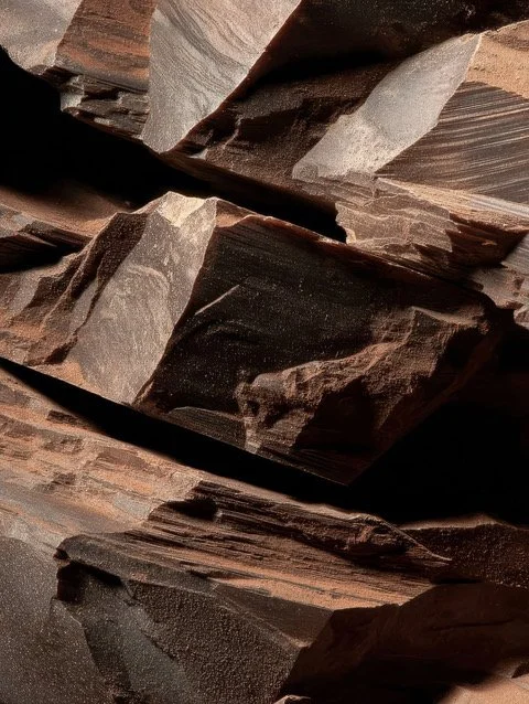 Close-up of layered, jagged rocks with reddish-brown and dark gray tones.