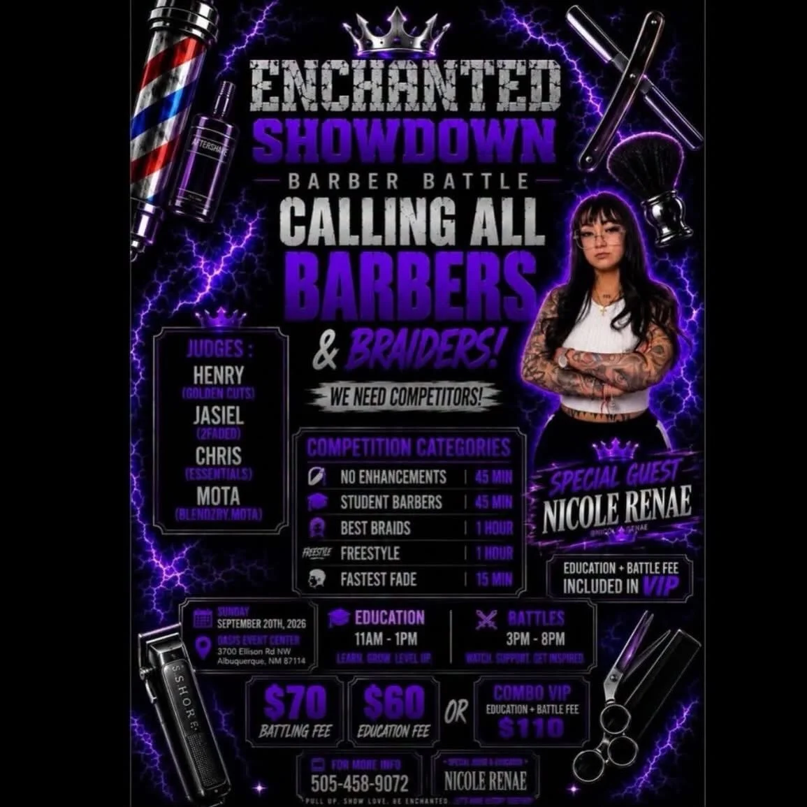 Calling all barbers, braiders &amp; vendors! 💈🔥
The Enchanted Showdown Barber Battle is taking over Albuquerque on September 20th! ⚡👑
Step into the ring to compete, connect with top industry talent, showcase your business, and experience a full da