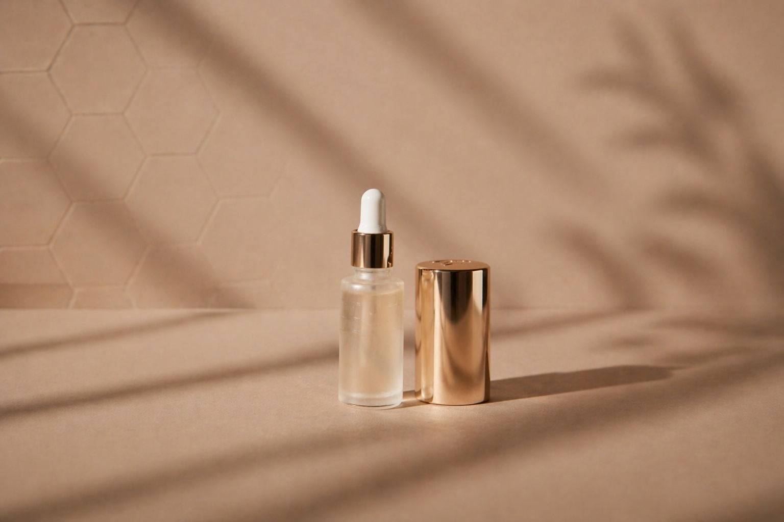 A small clear glass dropper bottle with a white and gold cap, placed next to a matching gold cylindrical container, on a beige surface with a background of hexagonal tiles and shadows.