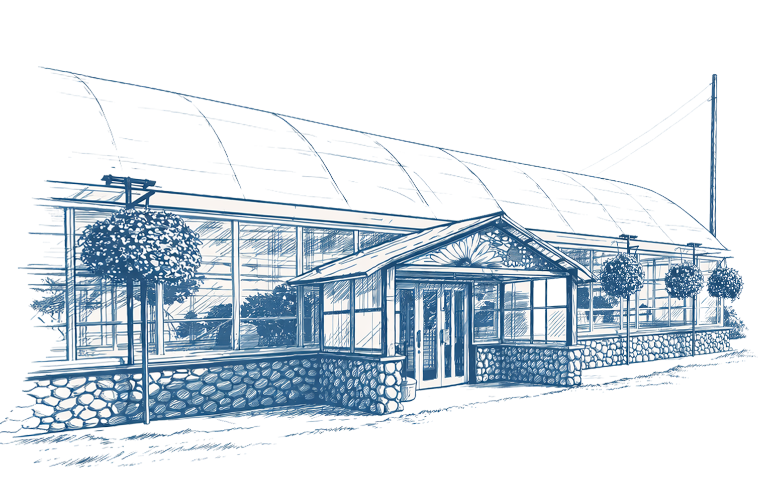 Line drawing of a modern greenhouse with glass walls, surrounded by trees and a stone base.