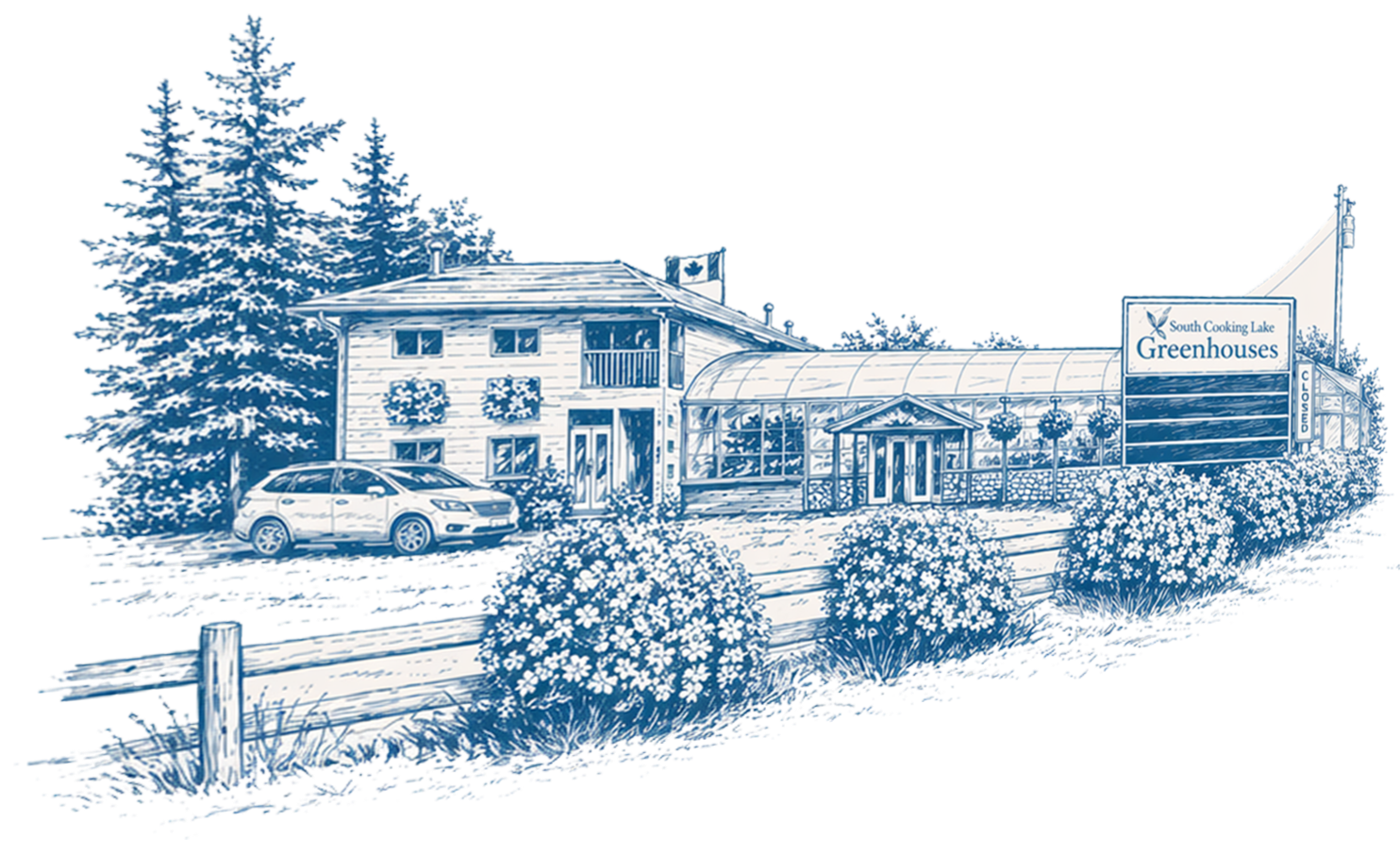 Illustration of Greenhouses at South Cooking Lake, with a building, trees, bushes, flowers, parked car, and sign, in a blue monochrome style.