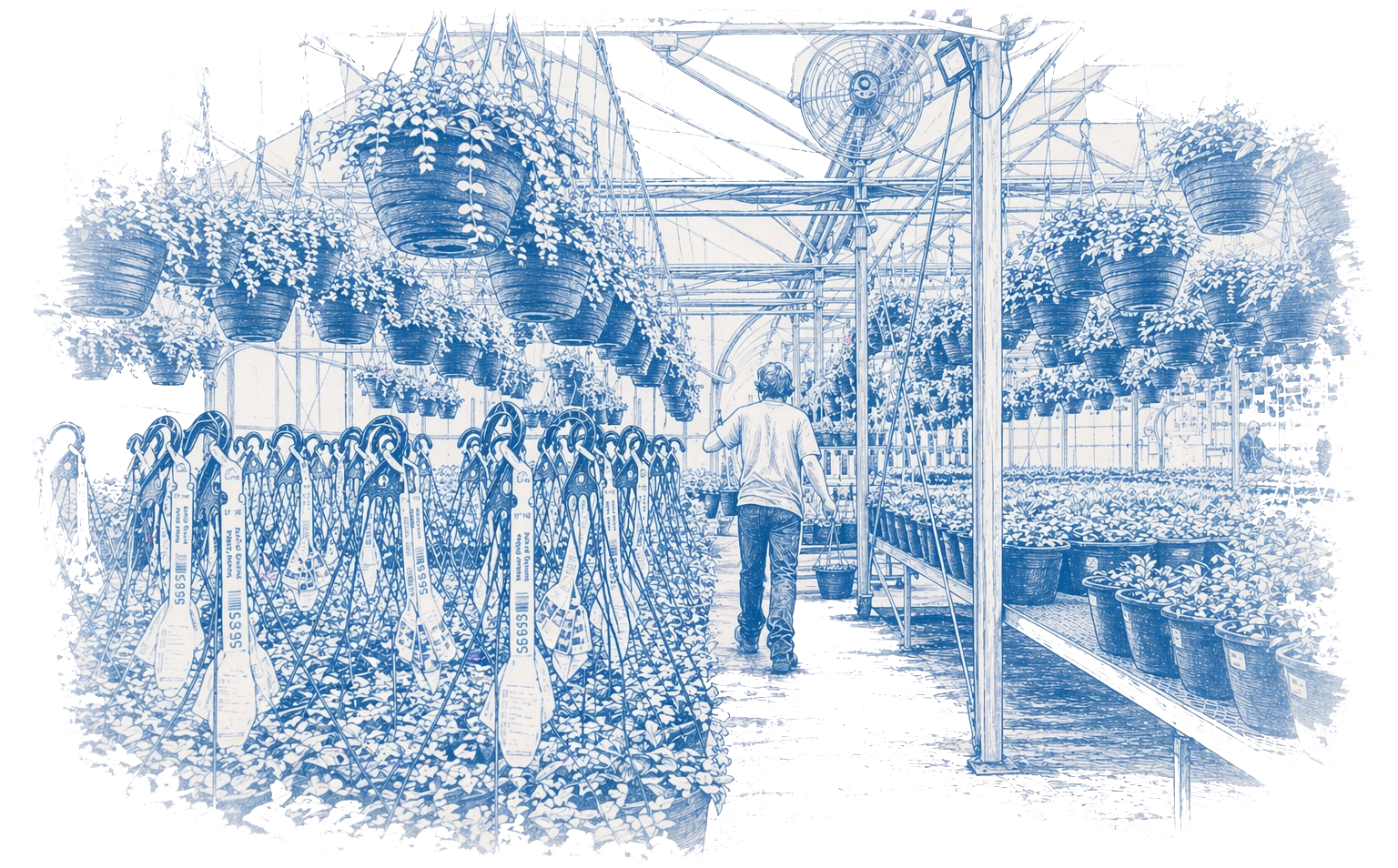 A person walks through a greenhouse filled with hanging and potted plants, with a fan and metal support structures visible.