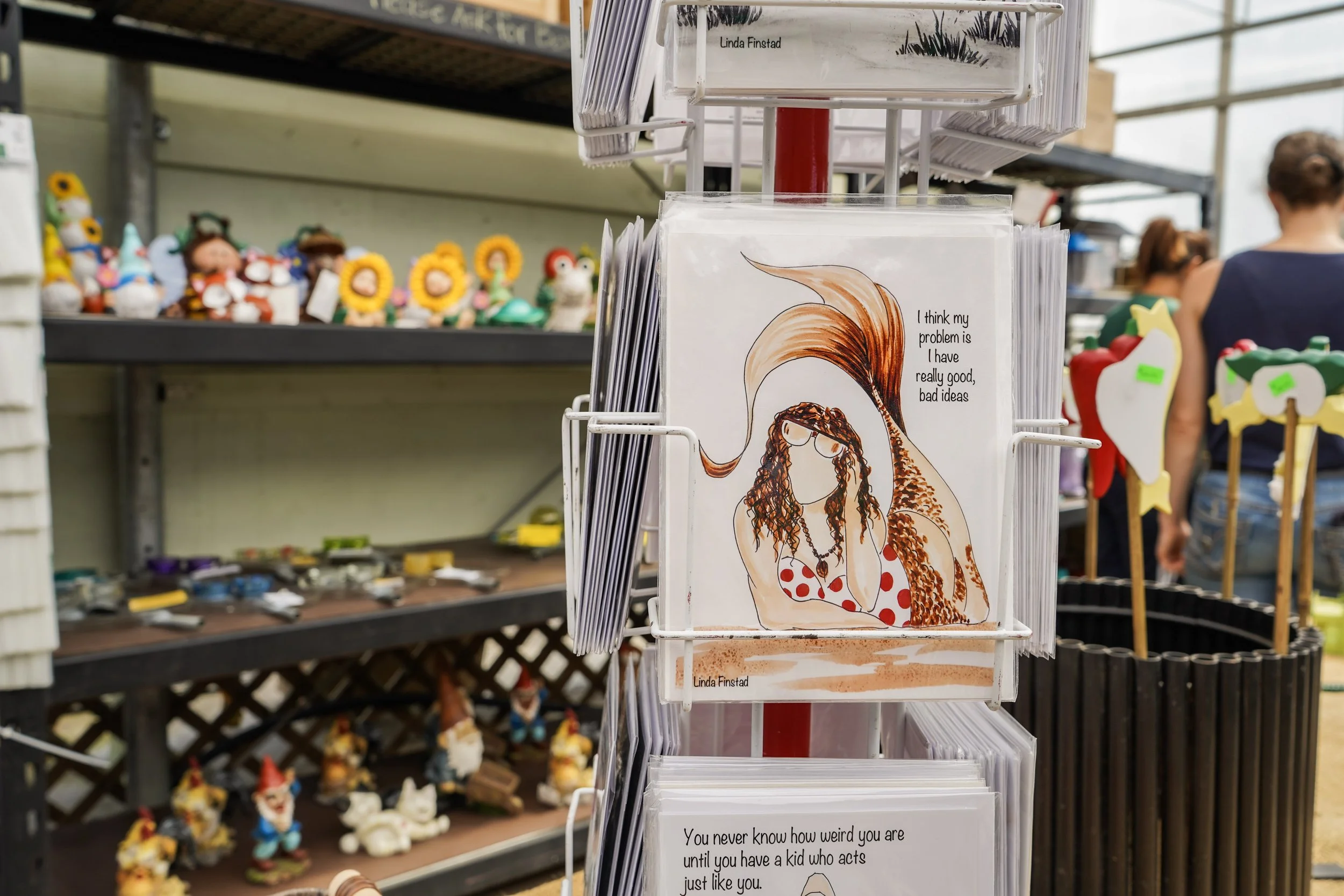 A display rack with various illustrated greeting cards, including one featuring a girl with long curly hair and a dinosaur tail, along with humorous quotes. In the background, there are shelves with small decorative gnome figurines and other craft items at a craft or gift shop.