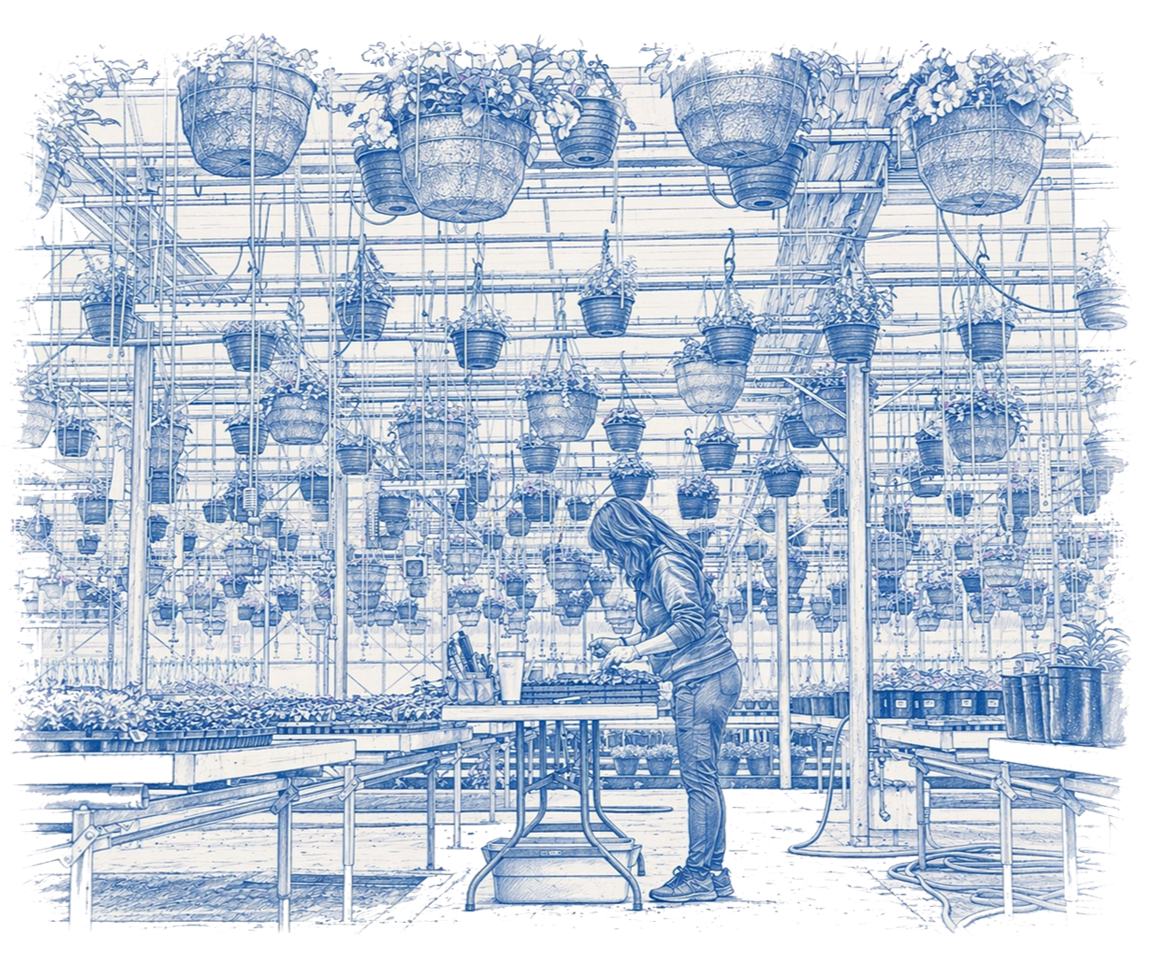 A woman working in a greenhouse filled with hanging potted plants and trays of seedlings.