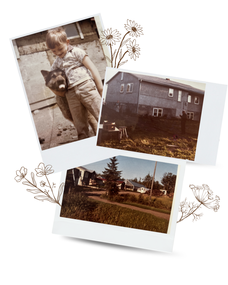 Three vintage photographs overlapping, featuring a young boy with a dog, a house with a person outside, and a residential street with trees and houses, decorated with floral doodles on a black background.