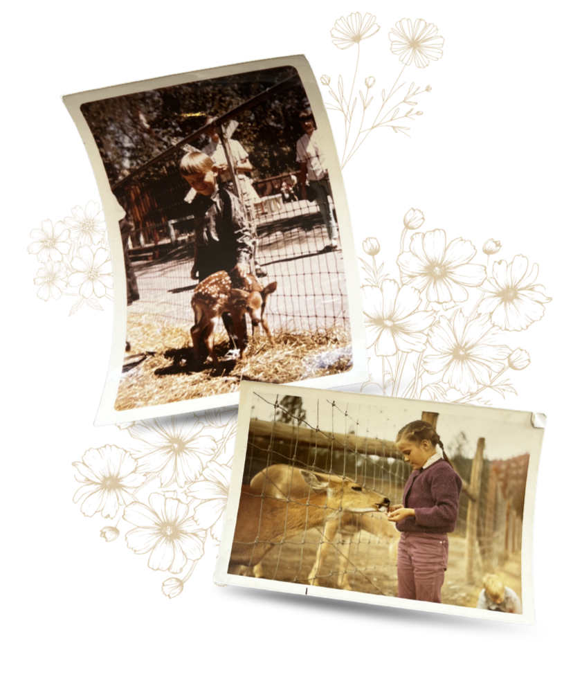 Two vintage photographs of children at a petting zoo, surrounded by beige floral illustrations. One photo shows a boy with blonde hair petting a young goat, the other shows a girl in a purple sweater feeding a smaller goat through a fence.