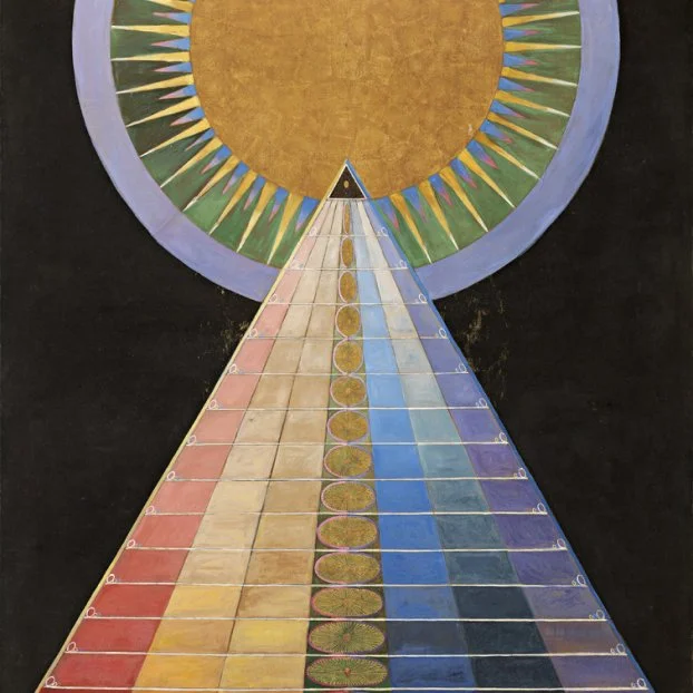 Abstract artwork featuring a triangular pathway leading to a black triangle at the center of a large circular shape with colorful geometric patterns against a dark background.