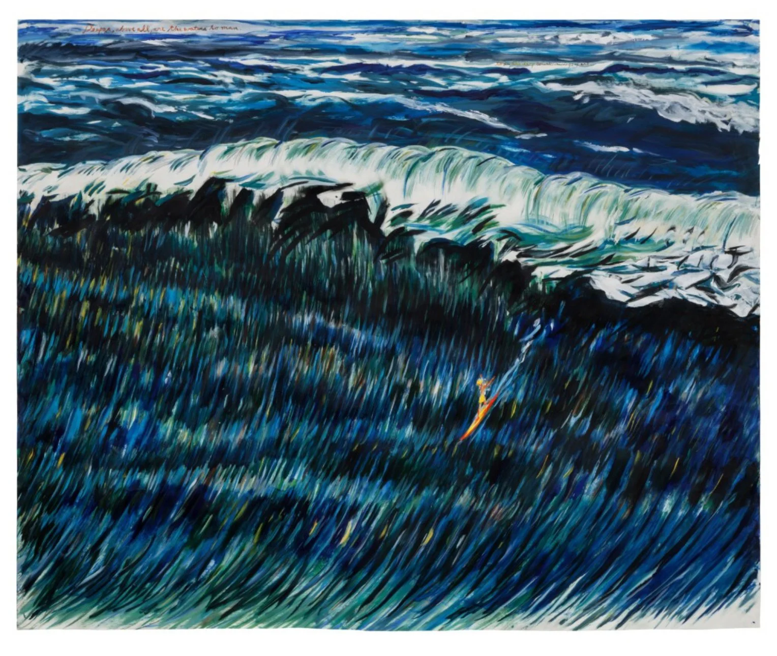 Oil painting of a stormy ocean scene with dark waves crashing on rocky shoreline, with a few scattered seabirds and a bright orange flare in the foreground.