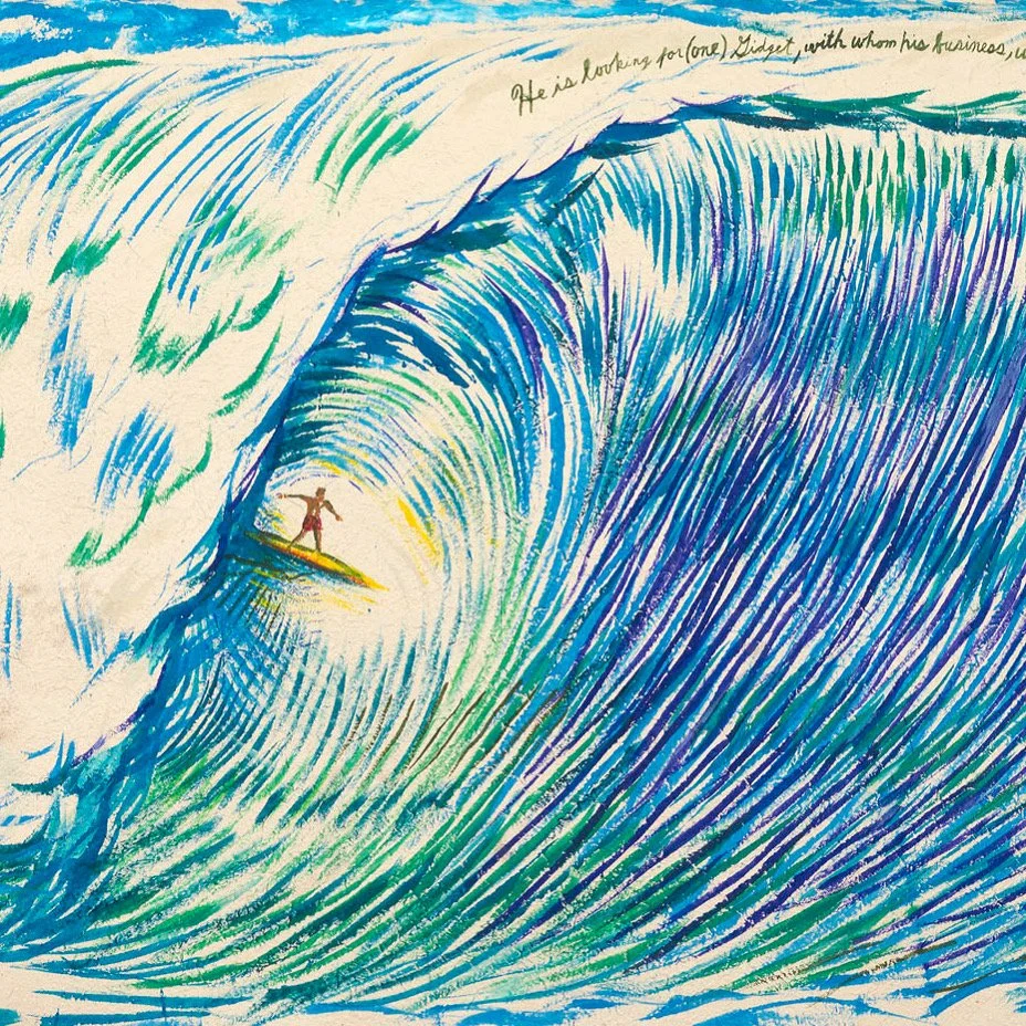 A colorful illustration of a person surfing inside a large wave, with text at the top that reads, 'He is looking for one.'