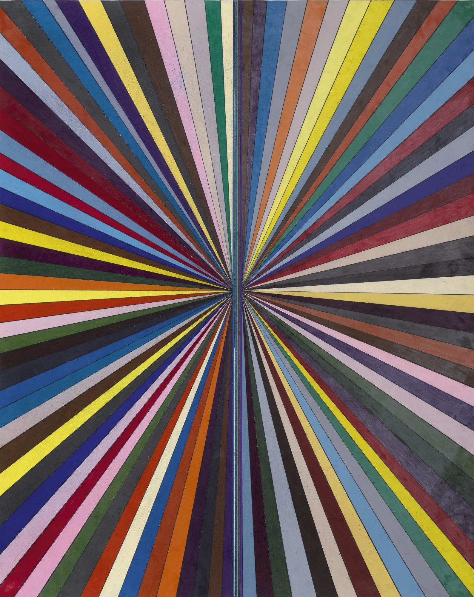 Colorful wooden planks arranged in a radiating pattern creating a vibrant, eye-catching mosaic.