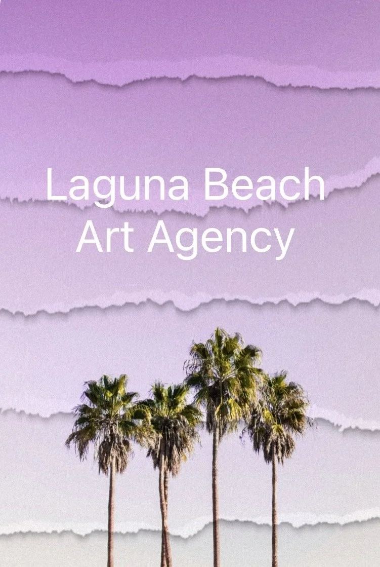 Purple torn paper background with four palm trees at the bottom, and white text overlay that reads "Laguna Beach Art Agency."