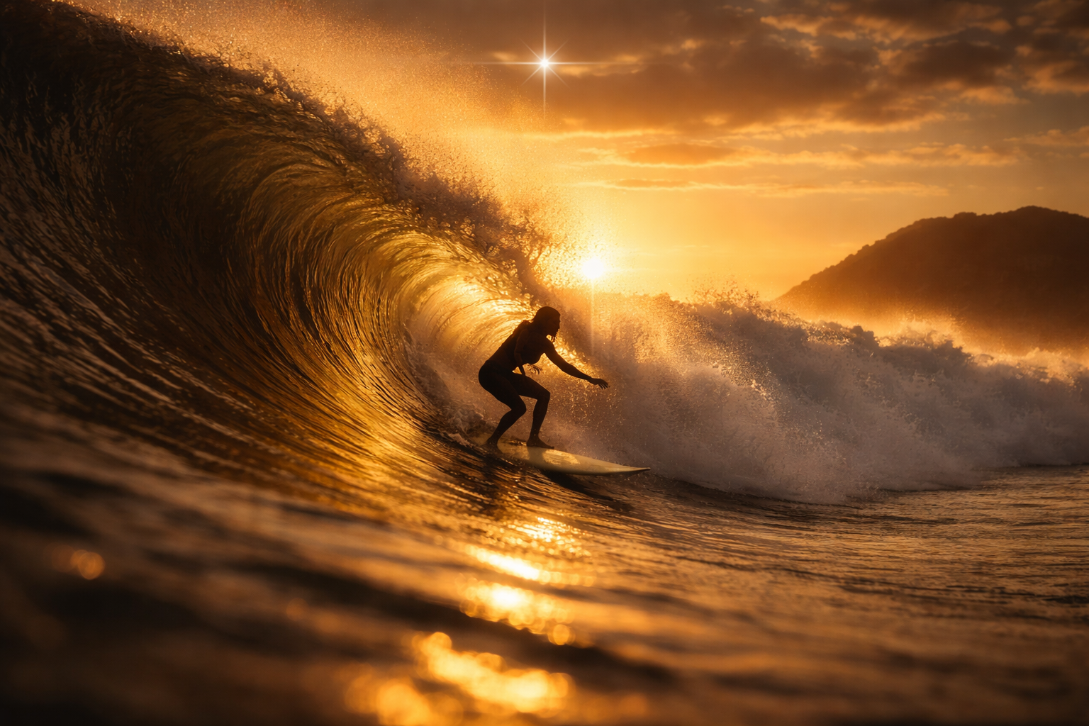 Surfer riding a wave at sunset with orange and golden sky.
