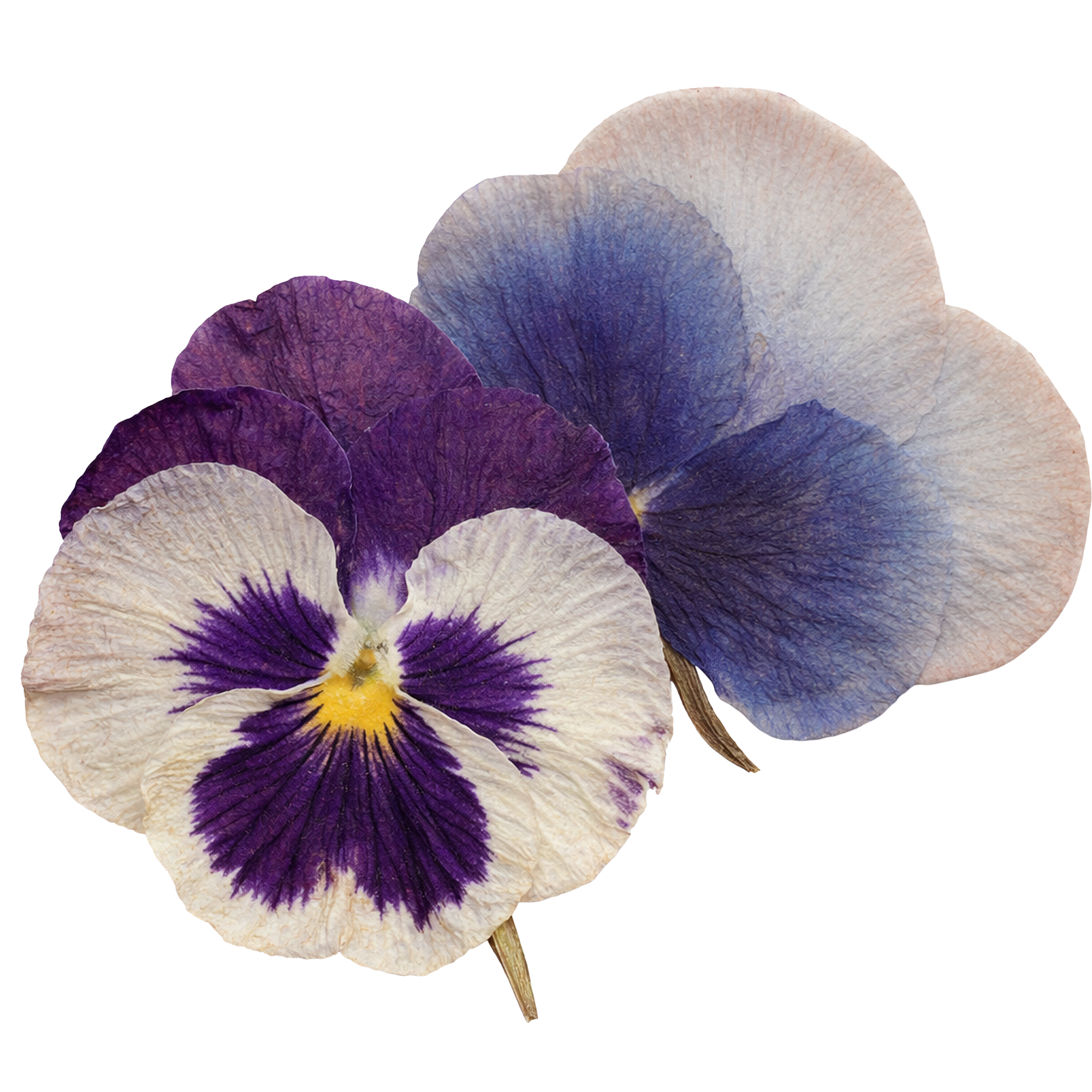 Close-up of three colorful pansy flowers with purple, cream, and blue petals, showing intricate petal patterns and textures.