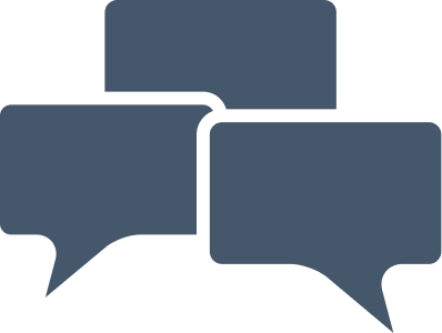 Three overlapping speech bubbles in dark blue.