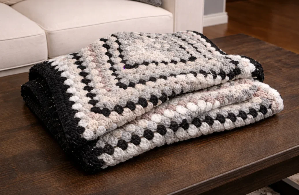 A folded black and white crocheted throw blanket on a wooden table in a living room.