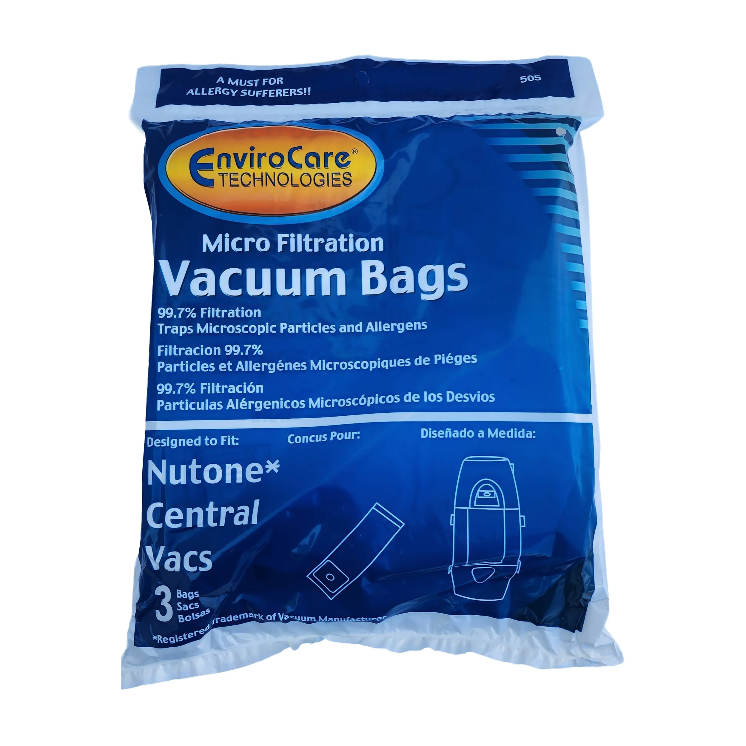 Blue bag of EnviroCare Technologies vacuum bags with white text and illustrations of vacuum cleaners, designed for allergy sufferers and micro filtration.