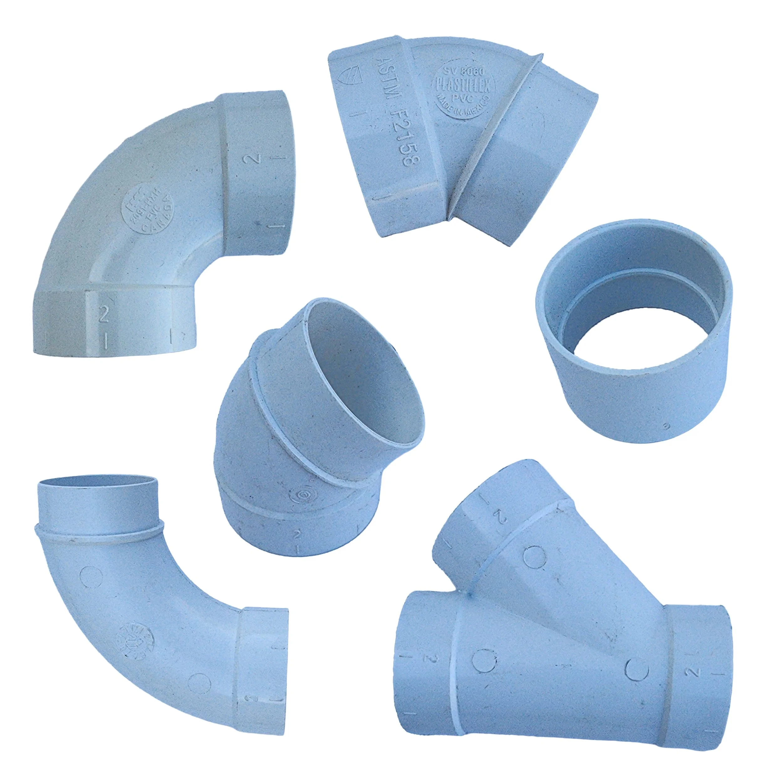 Collection of light blue PVC pipe fittings including elbows, couplings, and connectors