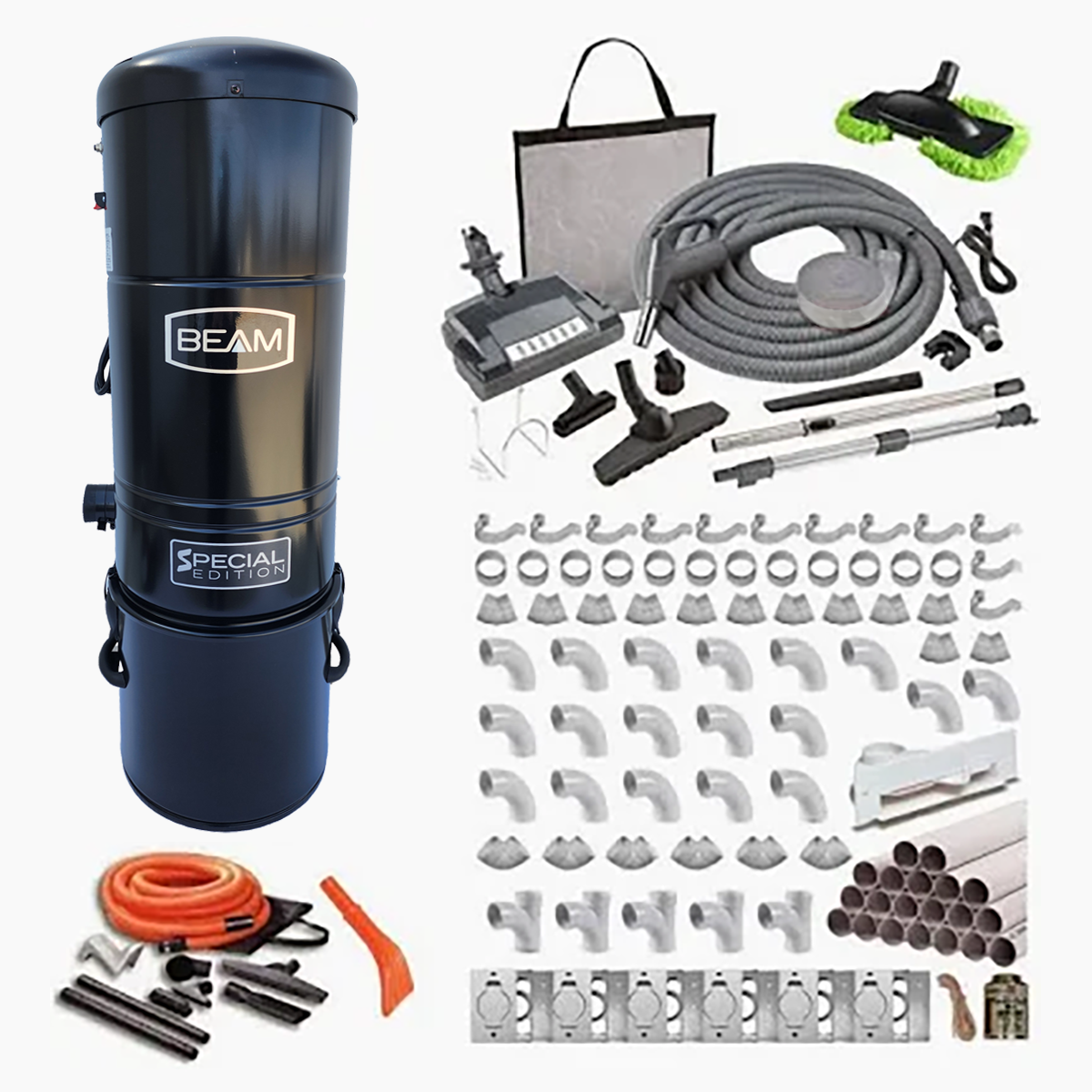 Vacuum cleaner accessories and parts, including hoses, nozzles, pipes, extension wands, and a tall black vacuum unit labeled BEM Special Edition.