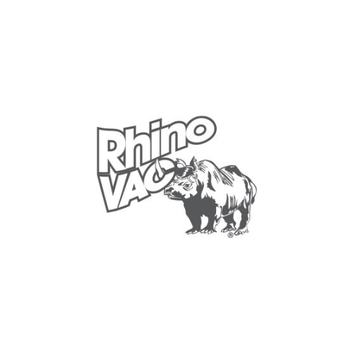 A black and white logo featuring the words "RhinoVaco" with an illustration of a rhinoceros next to the text.